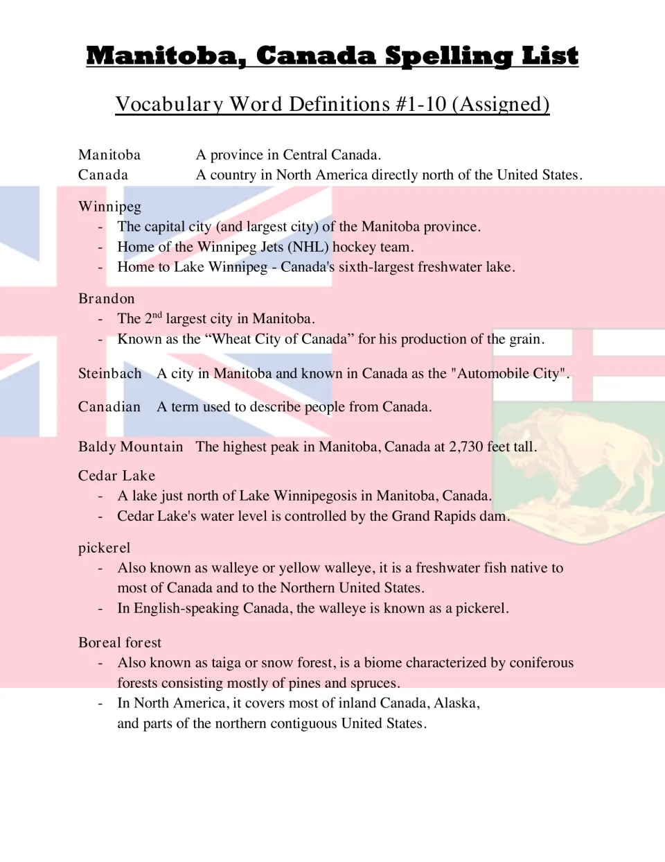 Definitions for assigned words 1–10, including Manitoba, Winnipeg, Baldy Mountain, pickerel and boreal forest