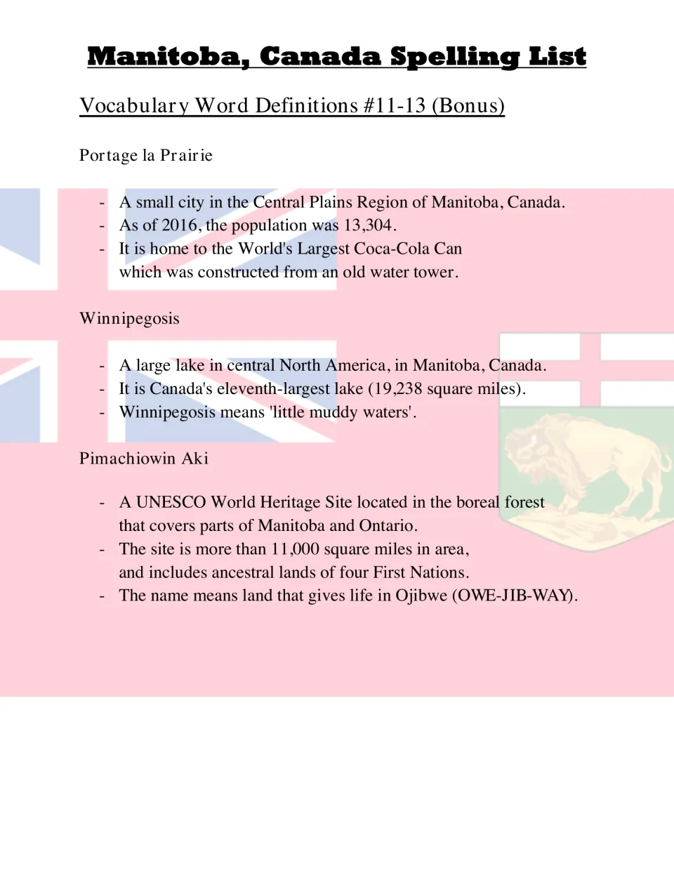 Definitions for bonus words 11–13: Portage la Prairie, Winnipegosis and Pimachiowin Aki, with regional facts