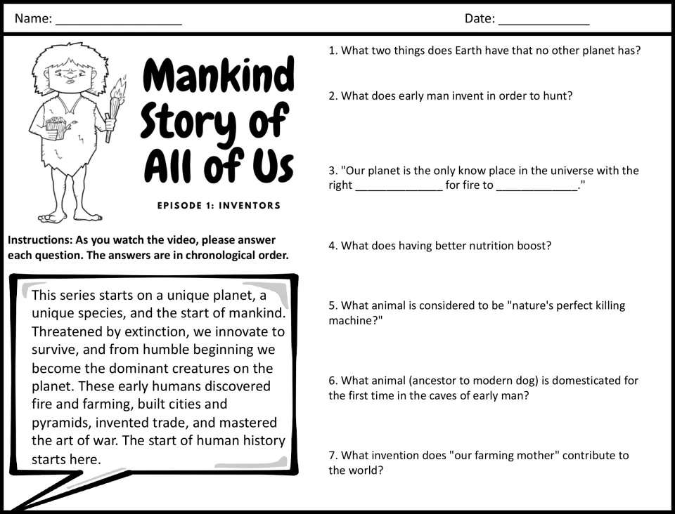Early human history video guide: students answer 7 questions in order on fire, hunting tools, wolves and the first farm