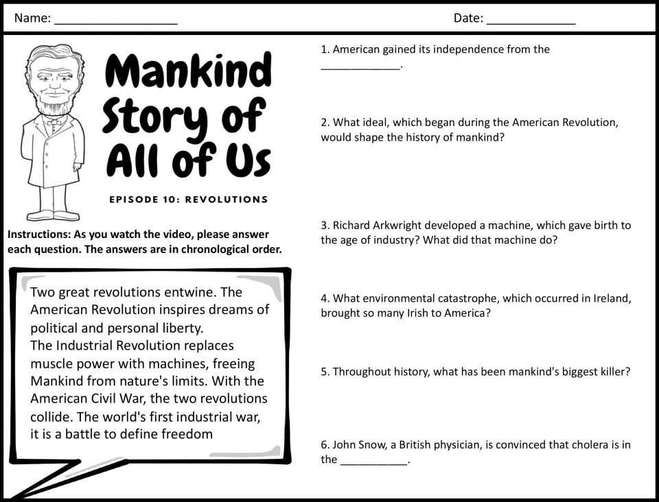 Video guide questions 1–6 cover American independence, Arkwright's machine, the Irish famine, disease, and cholera.