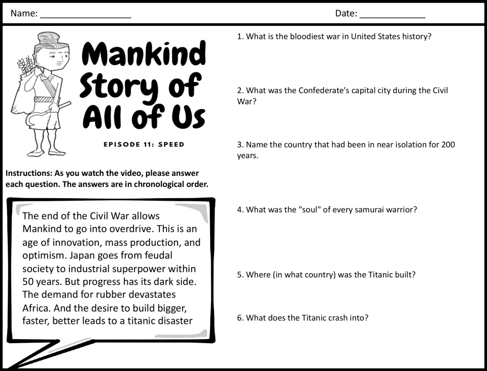 Video guide questions 1–6 for Episode 11, Speed: the Civil War, Japan, samurai swords, and the Titanic.