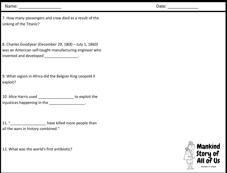 Video guide questions 7–12 on Titanic deaths, Goodyear, Leopold II, Alice Harris, and the first antibiotic.