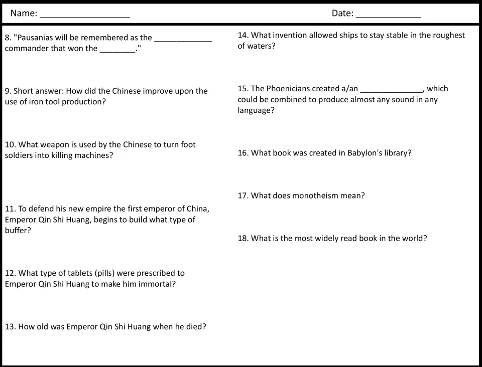 Video questions 8-18: students write answers on Chinese iron tools, Qin Shi Huang, Phoenicians and Babylon's library