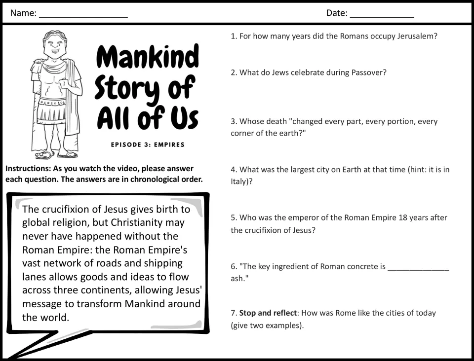 Roman Empire and early Christianity video guide: students answer 7 questions on Jerusalem, Passover, Claudius and Rome