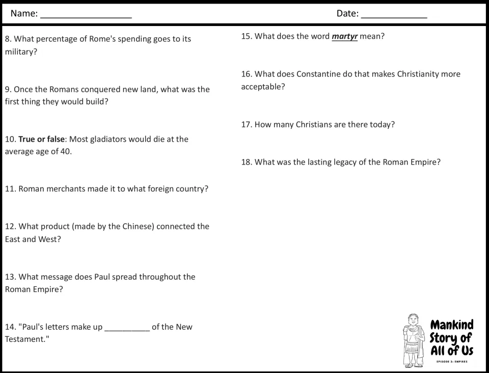Roman Empire questions 8-18: students answer on military spending, gladiators, Chinese trade, Paul, martyrs and Constantine