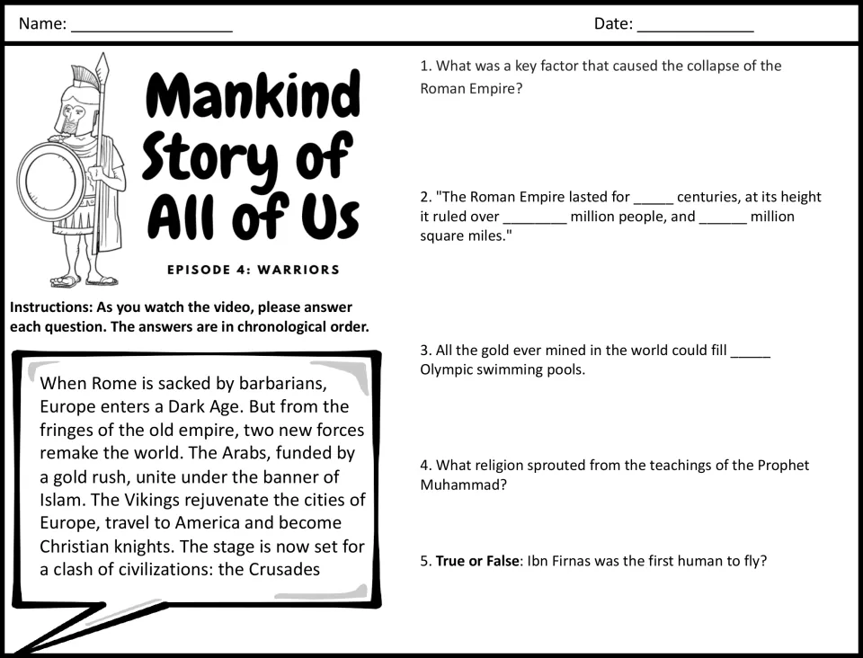 Episode 4: Warriors video guide: students answer 5 questions on Rome's collapse, gold, Islam and Ibn Firnas while viewing