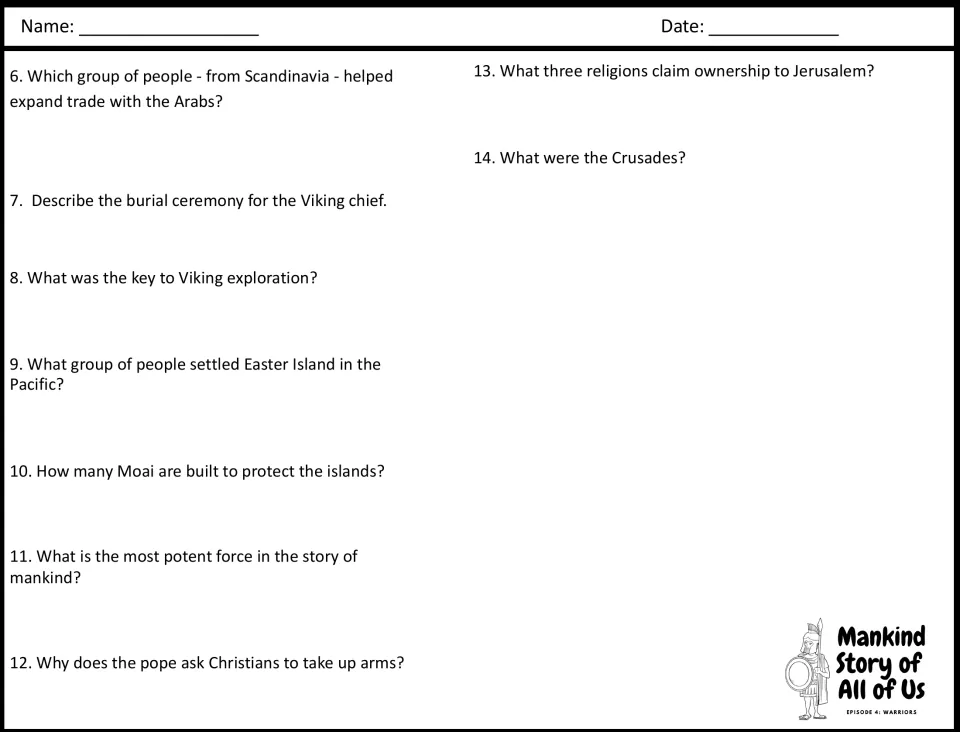 Video questions 6-14 on Vikings trading with Arabs, Easter Island Moai, Jerusalem's three faiths and why the Crusades began