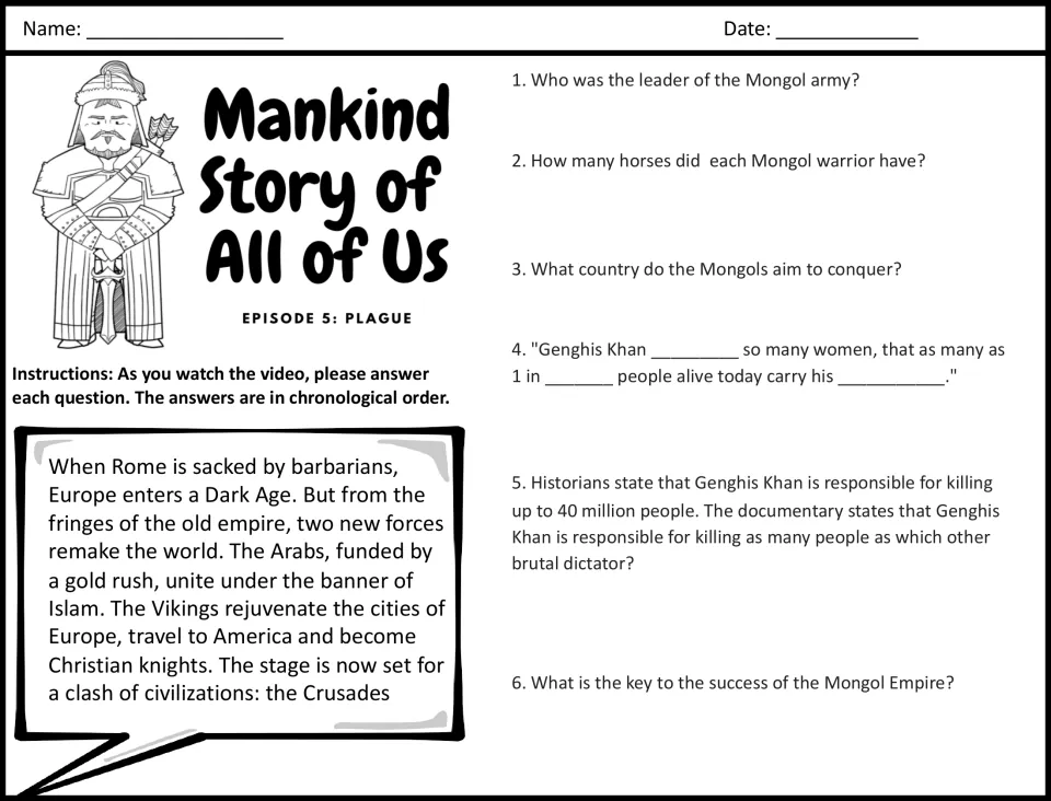Mongol Empire viewing questions: students answer 6 items on Genghis Khan, warriors' horses, conquest and the key to success