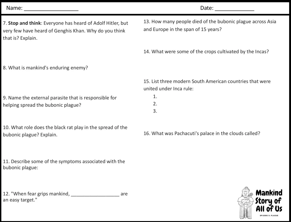 Bubonic plague and Inca questions 7-16: students explain the black rat's role, list symptoms, Inca crops and countries