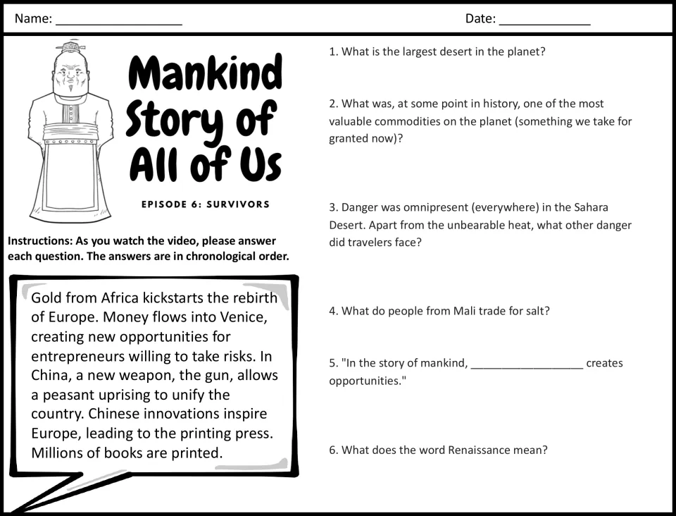 Episode 6 video guide: students answer questions 1-6 on Sahara trade, salt, Mali gold and the meaning of Renaissance