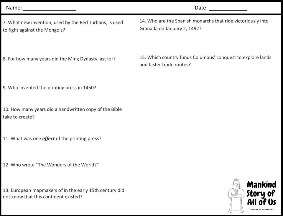 Video questions 7-15 on the Red Turbans' gun, Ming Dynasty, printing press, 1492 Granada and who funded Columbus