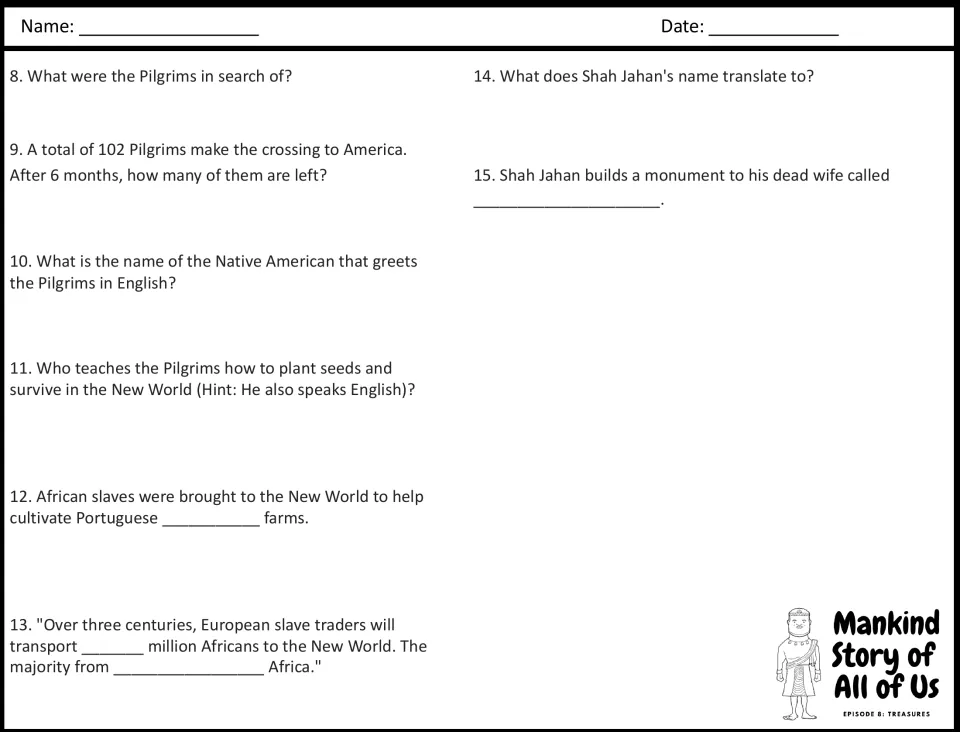 Pilgrims, the slave trade and Shah Jahan: students answer video questions 8-15, including fill-in-the-blank quotes