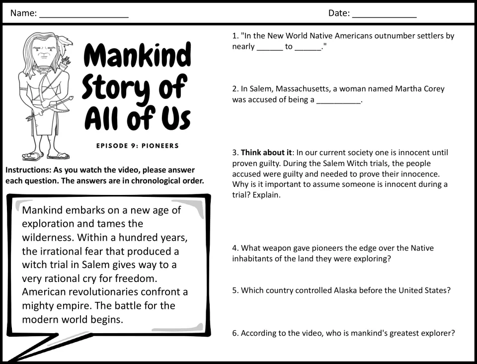 Video guide questions 1–6: Native Americans, Salem witch trials, pioneer weapons, Alaska, and exploration