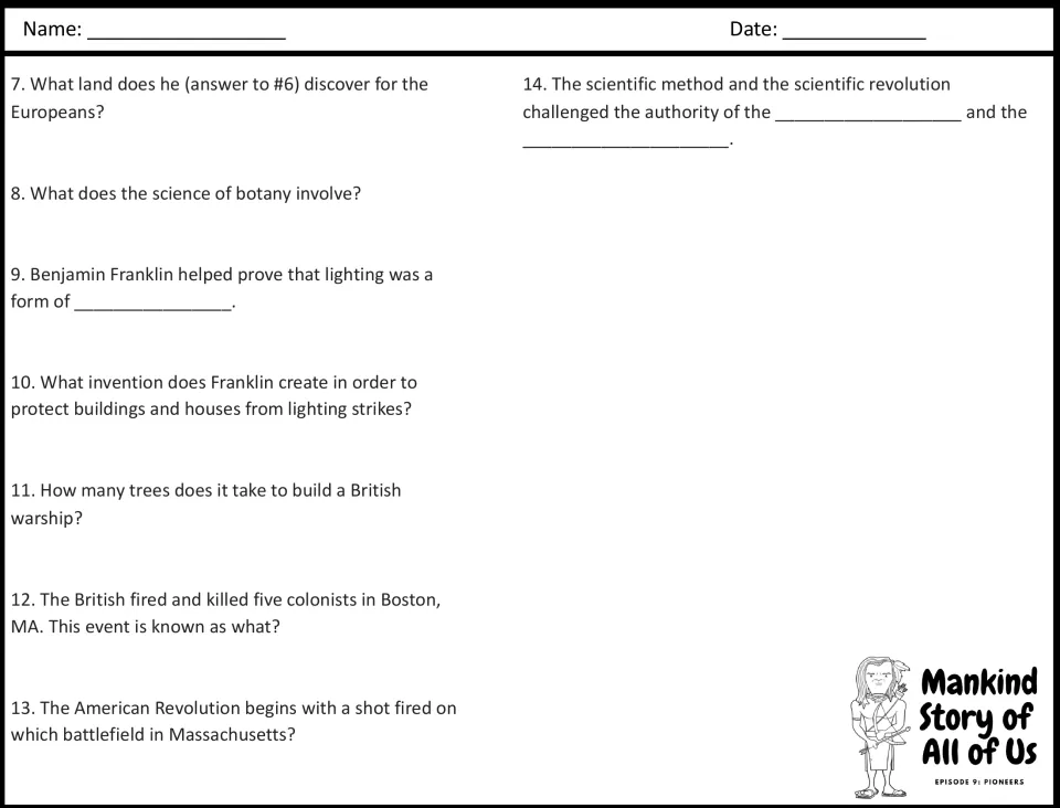 Video guide questions 7–14: exploration, botany, Benjamin Franklin, British warships, and revolution