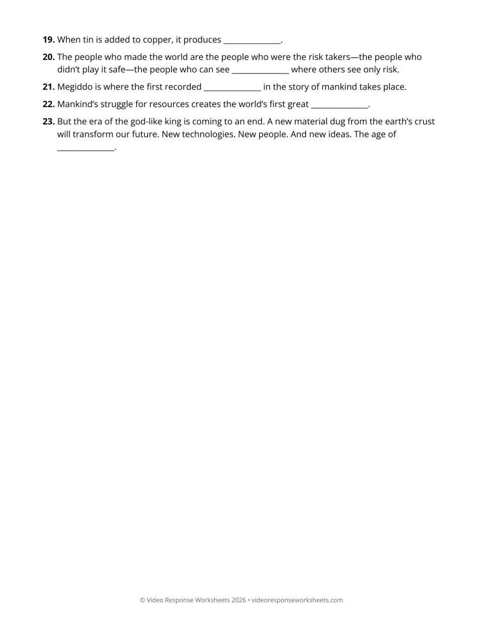 Video questions 19-23: students fill in blanks about tin and copper, risk takers, Megiddo, resources and a new material