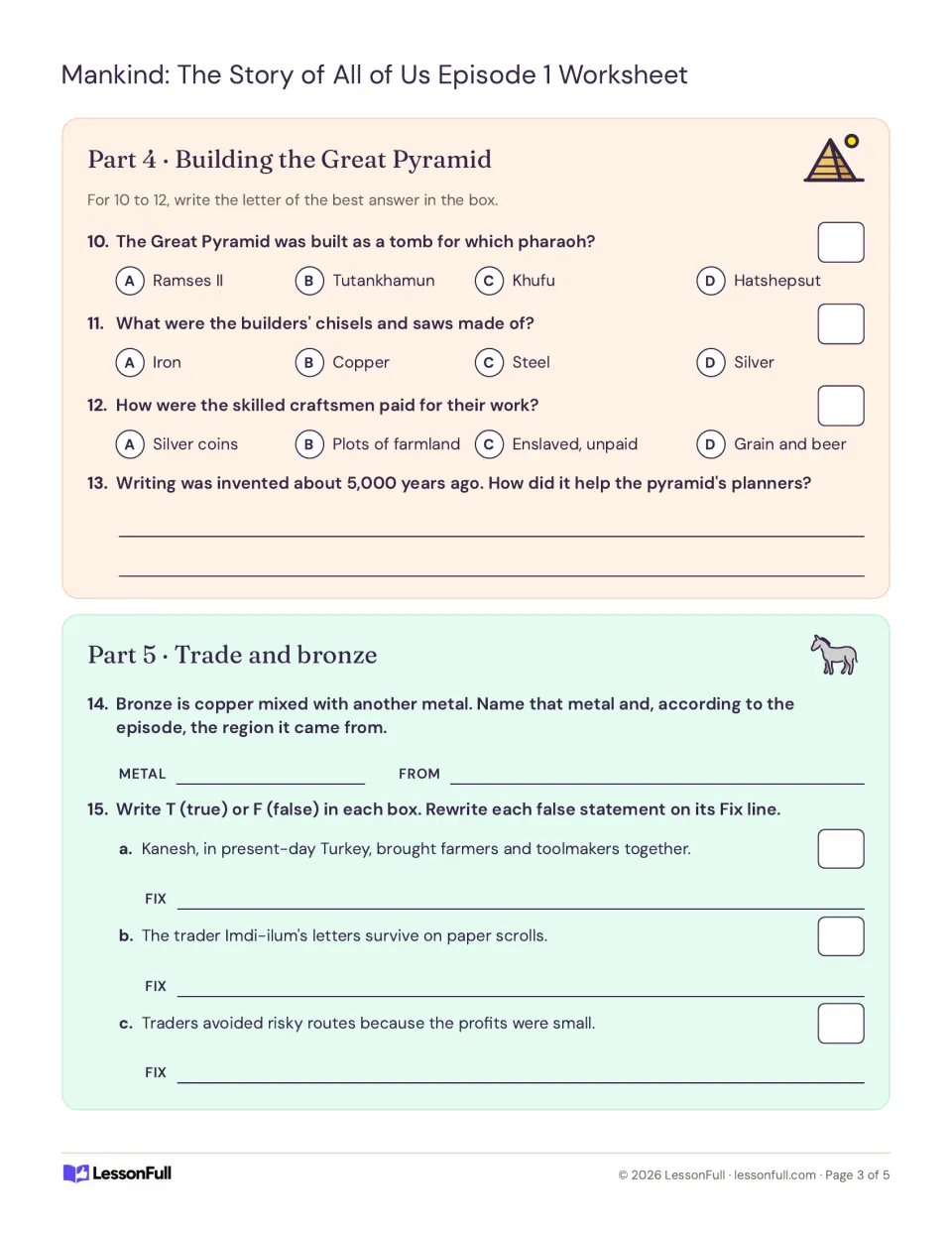 Viewing guide questions 10–15: Great Pyramid builders, writing, bronze metals, and true-or-false trade claims.