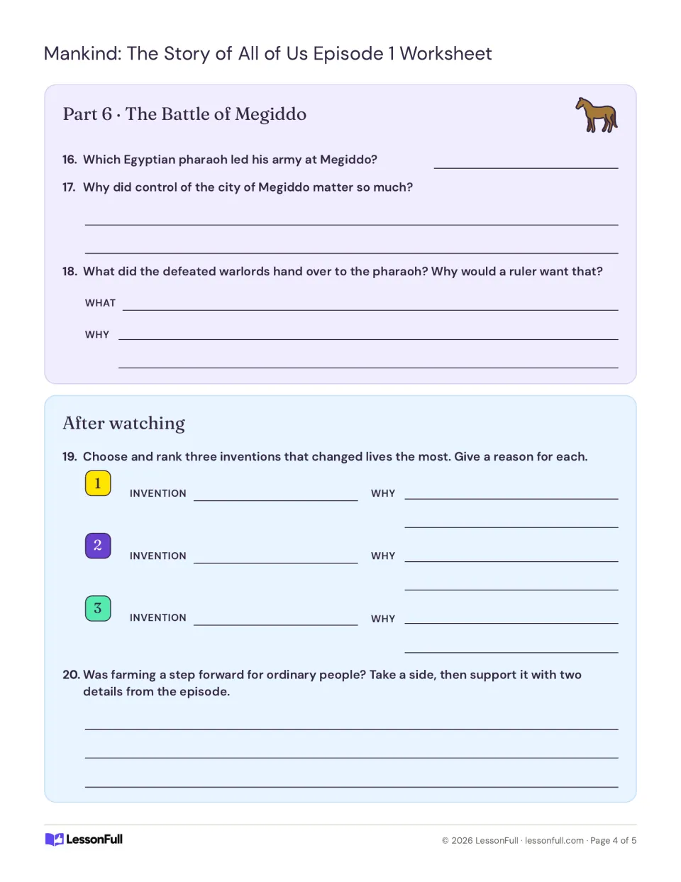 Viewing guide questions 16–20: explain Megiddo's importance, rank inventions, and take a position on farming.