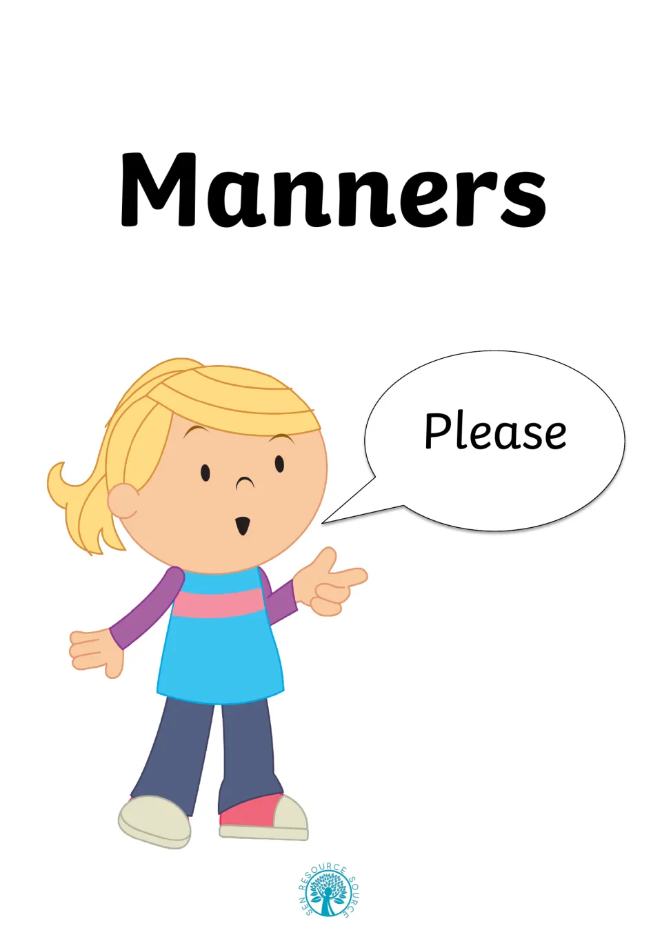 Manners social story cover: a cartoon girl points and says "Please" in a speech bubble under the large Manners heading