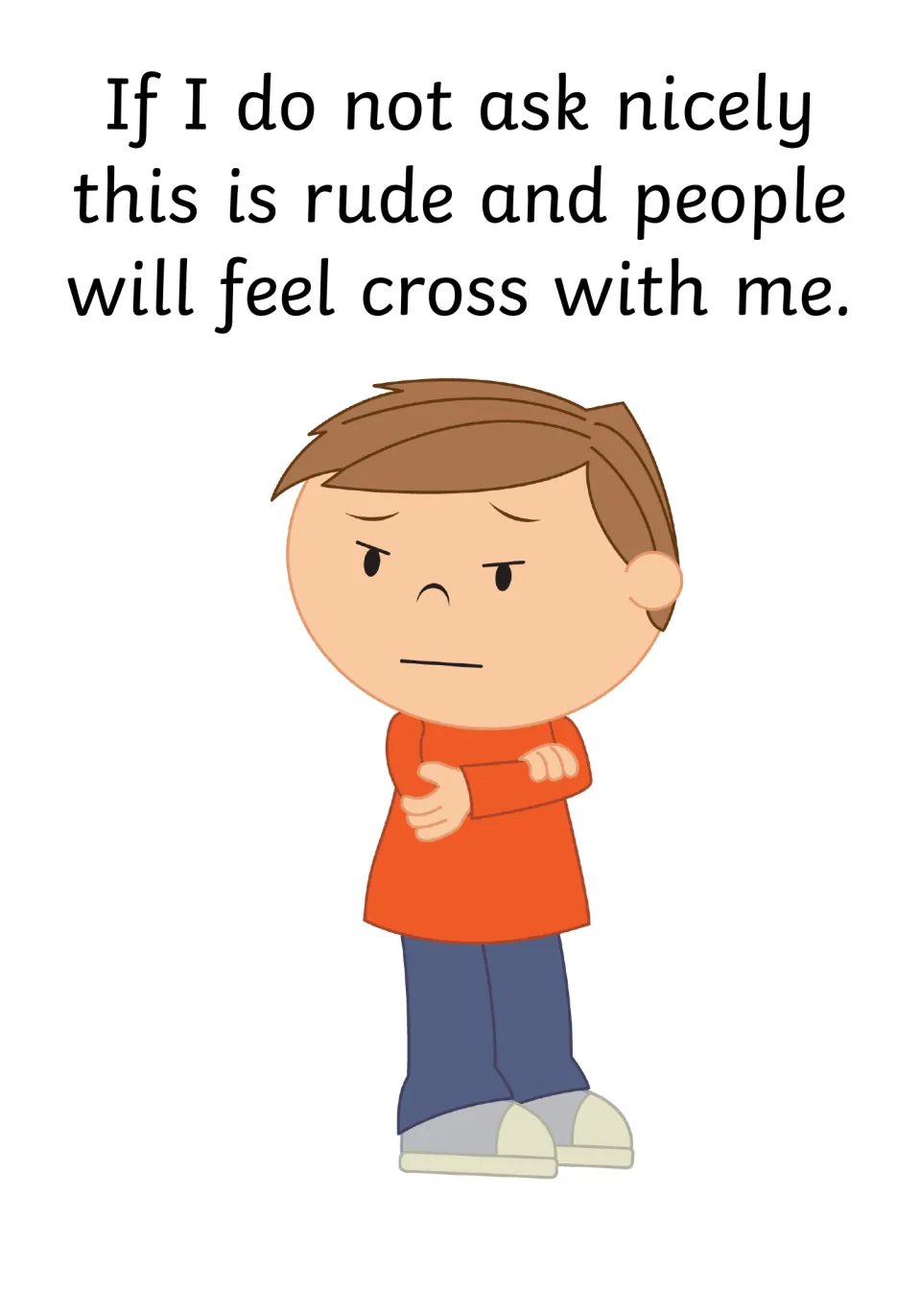 Consequences of rudeness: a cross boy with folded arms; text says not asking nicely is rude and people will feel cross