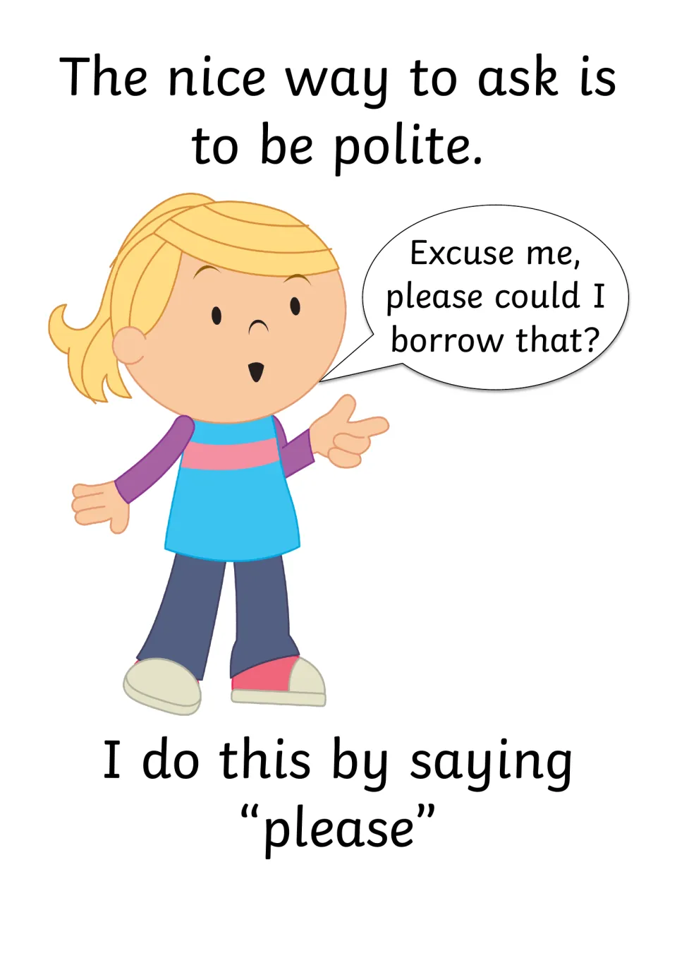Asking politely: a girl says "Excuse me, please could I borrow that?"; text explains the nice way to ask is saying please