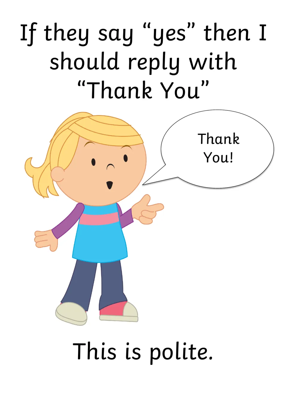 Saying thank you: if they say yes, I reply "Thank You"; a girl says Thank You! and the page ends This is polite