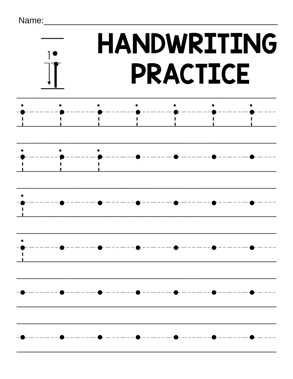 Lowercase i practice: students follow the stroke model, trace dotted i's with a dot on top, then write i from start dots