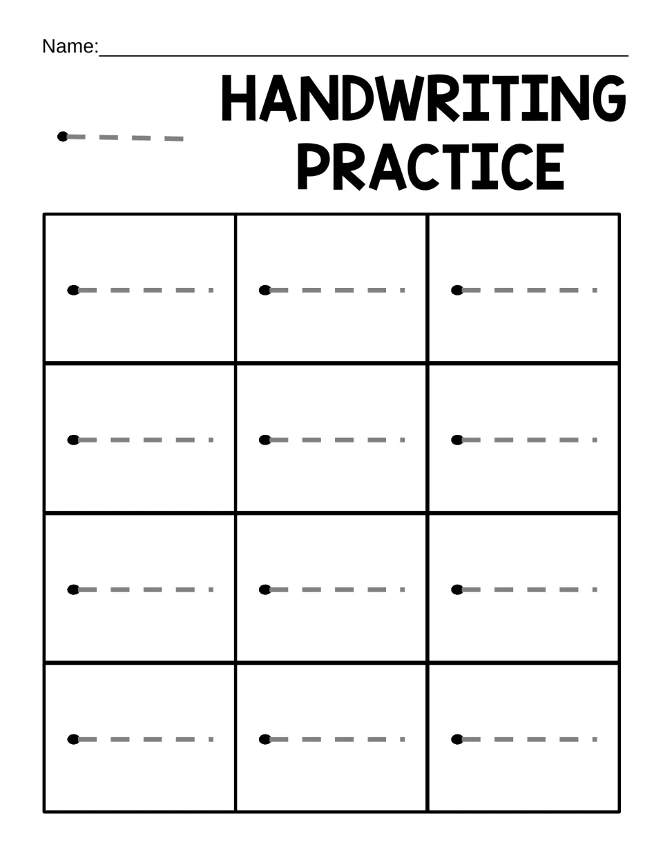Horizontal line strokes: students trace 12 dotted left-to-right lines from each start dot to build pre-writing control