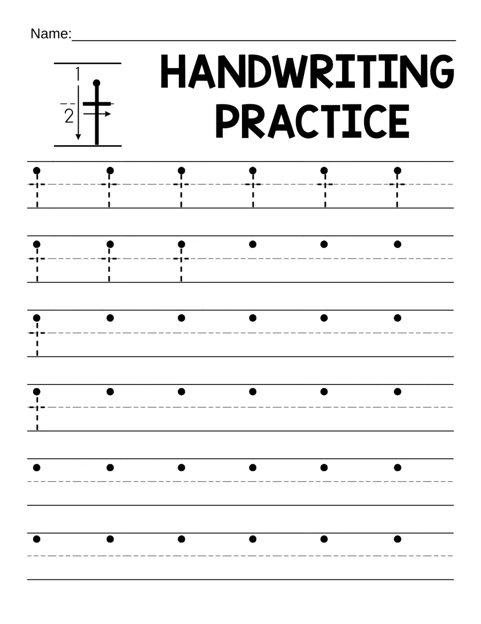 Lowercase t practice: students trace dotted t's following the two-step stroke model, then write t from the start dots