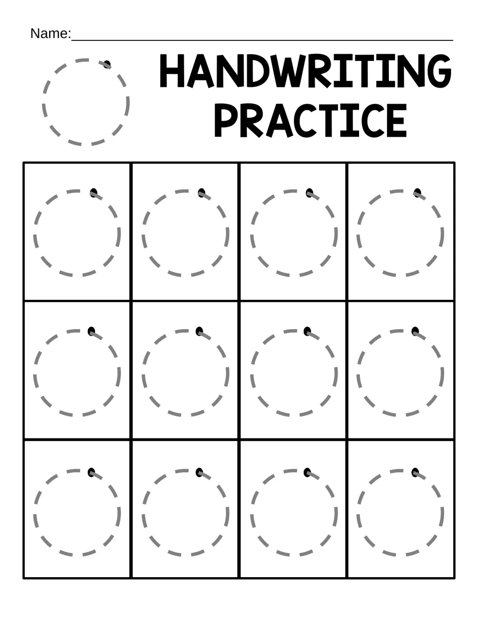Circle strokes: students trace 12 dotted circles, each beginning at the top start dot, to practice the round stroke