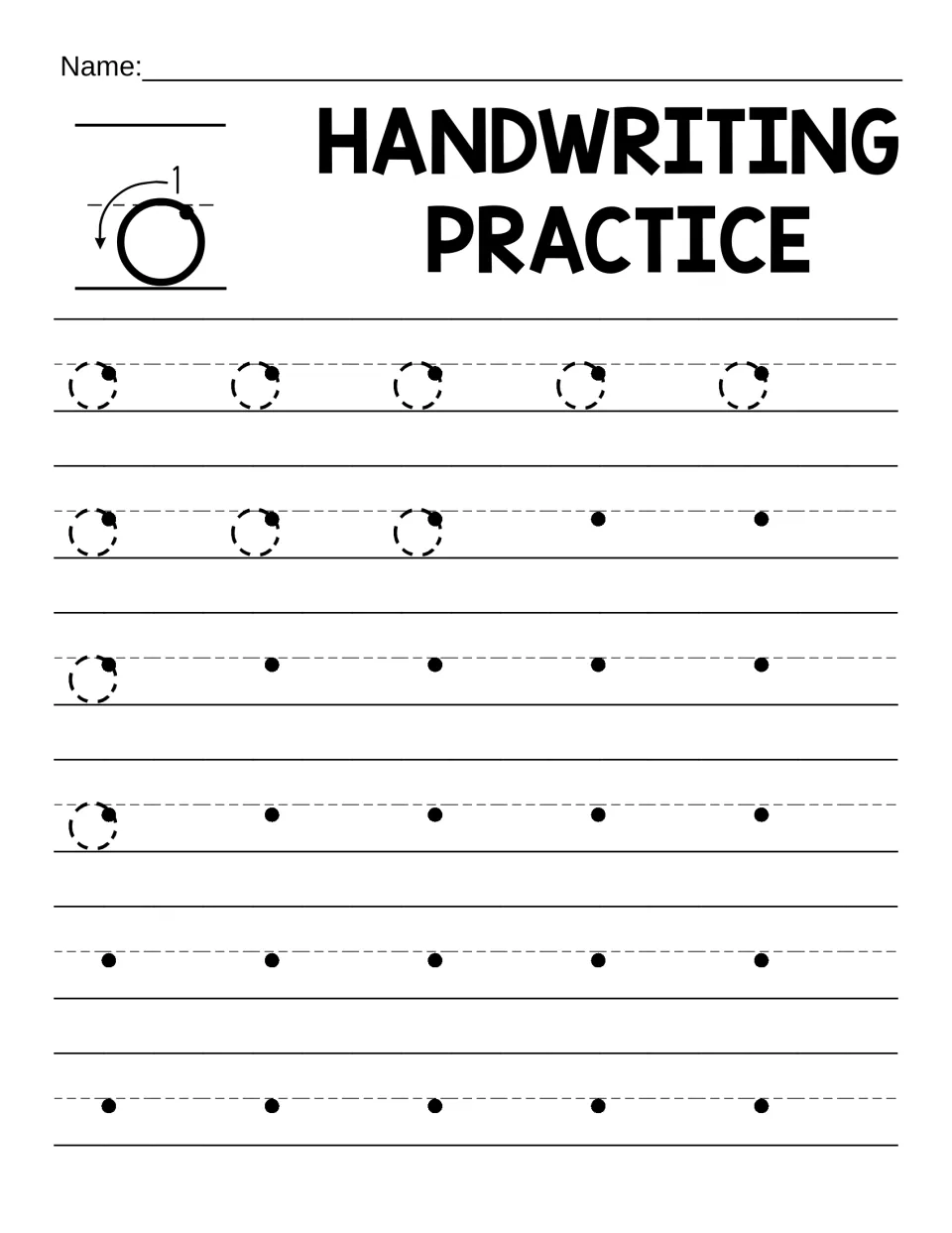 Lowercase o practice: students trace dotted o's using the counterclockwise stroke model, then form o from start dots
