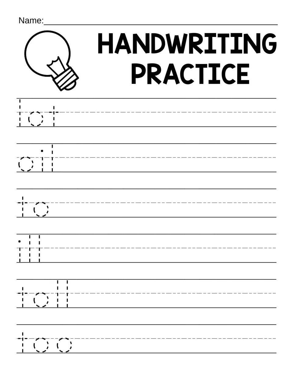 Word tracing with o: students trace lot, oil, to, ill, toll and too, then copy each word along the rest of the line