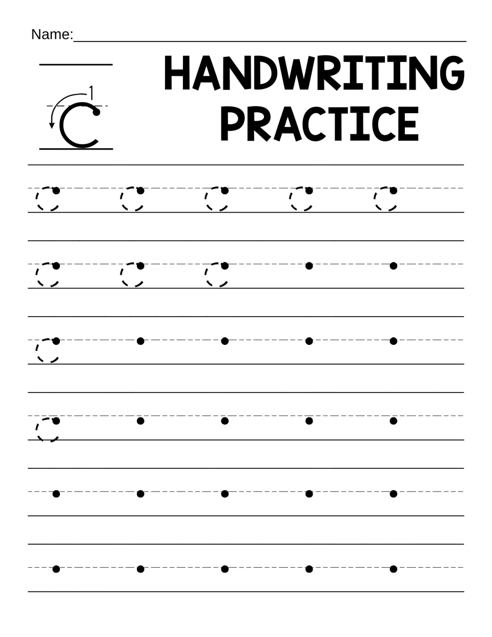 Lowercase c practice: students trace dotted c's following the curved stroke model, then write c from the start dots