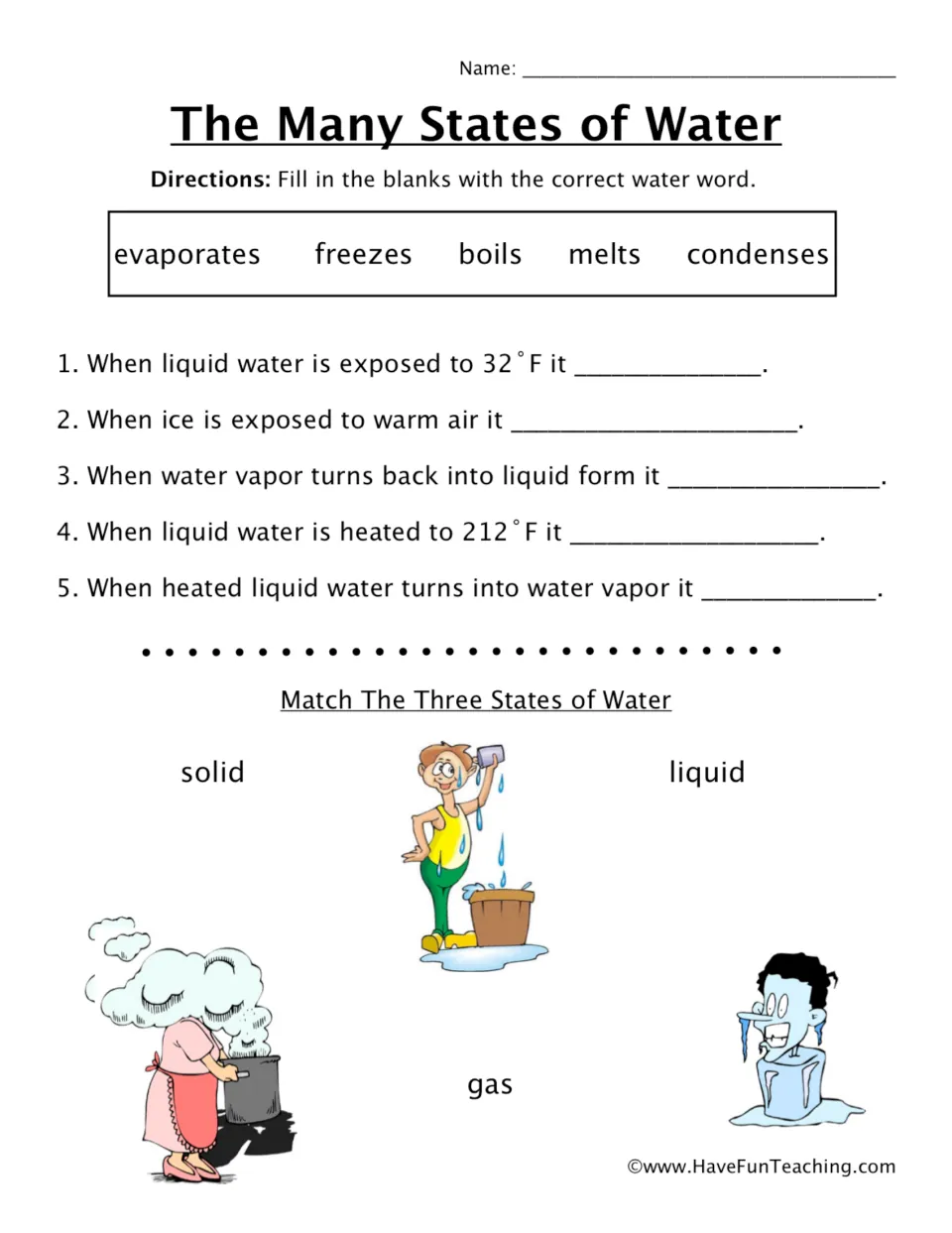 Water states worksheet: five change-of-state blanks and picture matching for solid, liquid, and gas