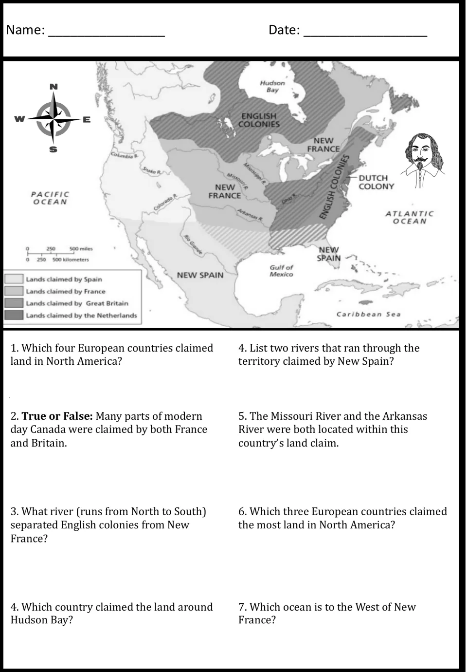 European land claims map: students read the legend of Spanish, French, British and Dutch territory to answer map questions