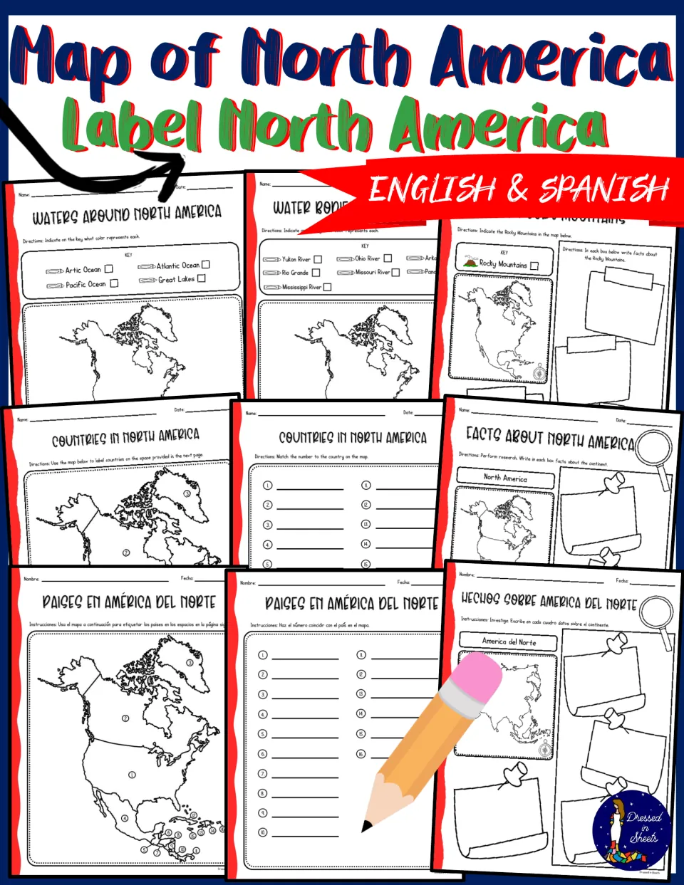 Cover: English and Spanish North America map set showing waters, rivers, Rocky Mountains, country and fact pages