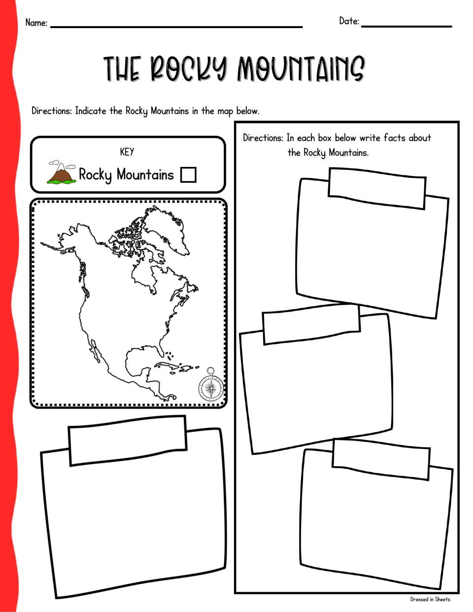 Rocky Mountains map activity: students mark the range on a North America outline map and write facts in four notes