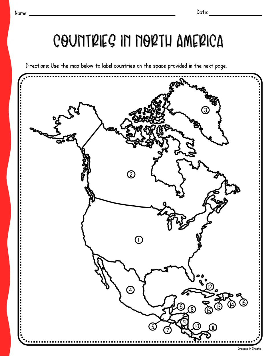 Countries in North America map: students study 16 numbered countries on an outline map to label on the next page