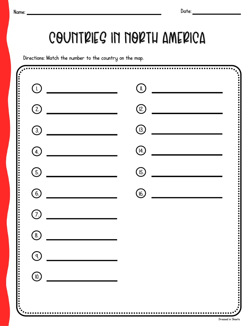 Countries in North America labeling sheet: students write the country name beside each number from 1 to 16