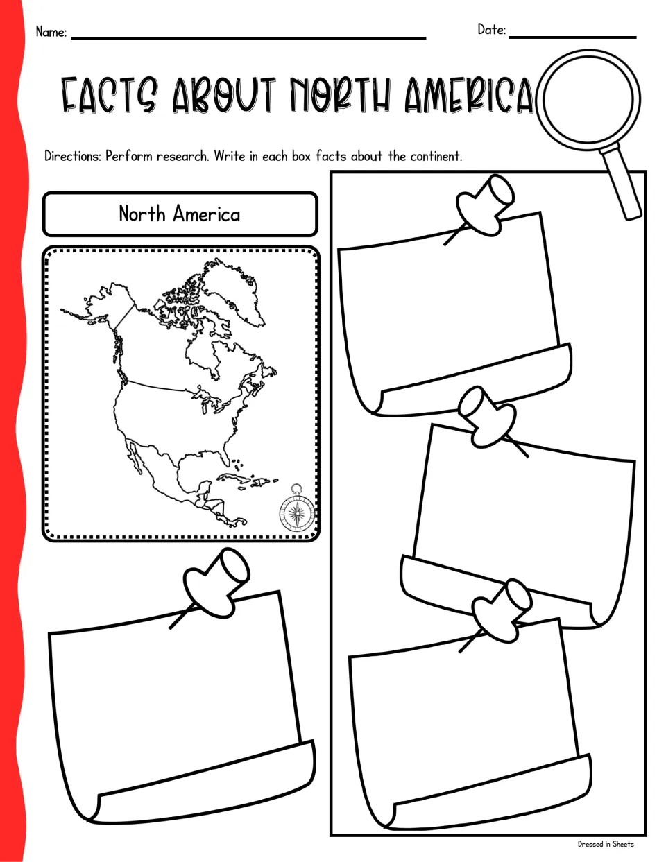 Facts about North America: students research the continent and write facts on four pinned notes beside a map