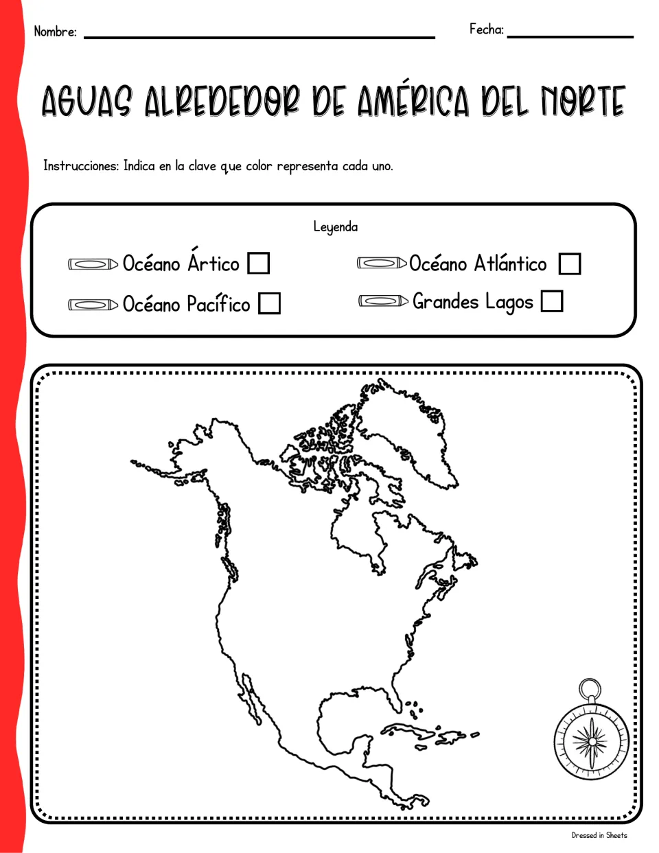 Spanish waters map: students color-code the Arctic, Pacific and Atlantic oceans and Great Lakes in the Leyenda key