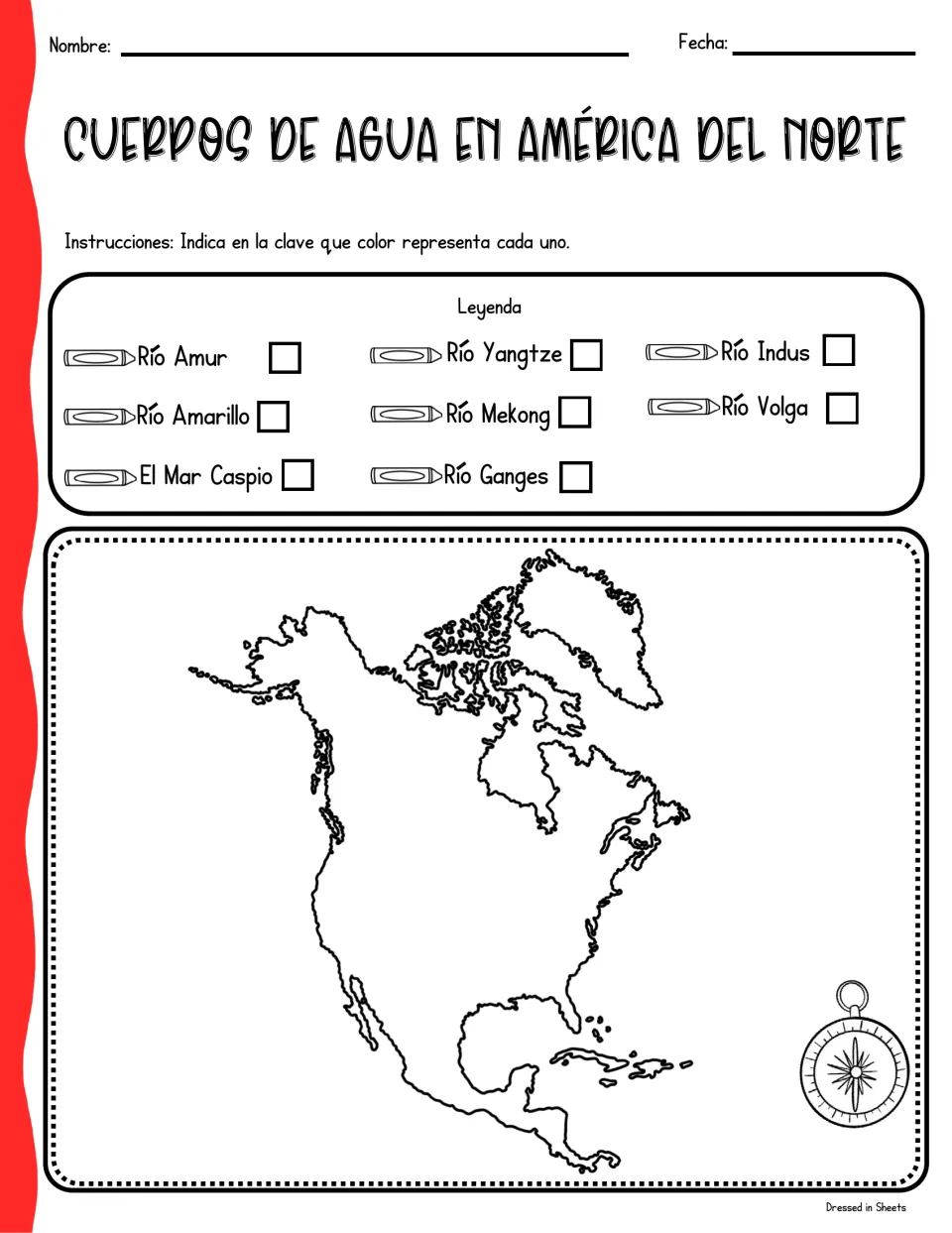 Spanish bodies of water page: students color-code a key listing rivers Amur, Yangtze, Indus, Mekong, Volga and Ganges
