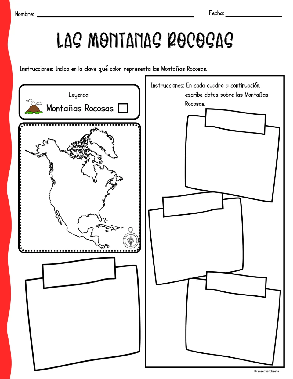 Spanish Rocky Mountains page: students color the Montañas Rocosas on the key and map, then write facts in four notes