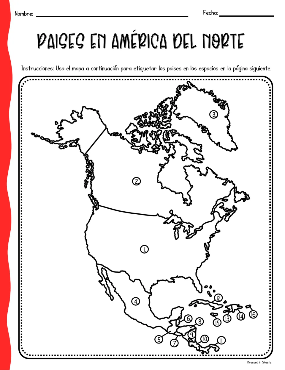 Spanish countries map: Países en América del Norte shows 16 numbered countries for students to label on the next page