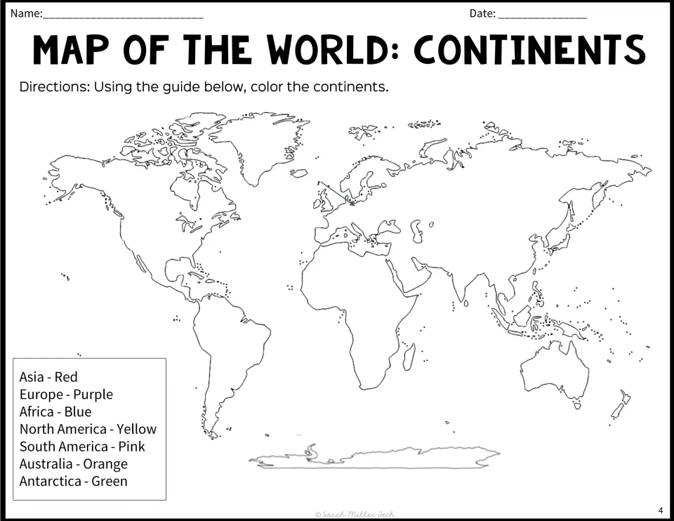 Continents colouring map: students colour each continent from a key, such as Asia red, Africa blue and Antarctica green