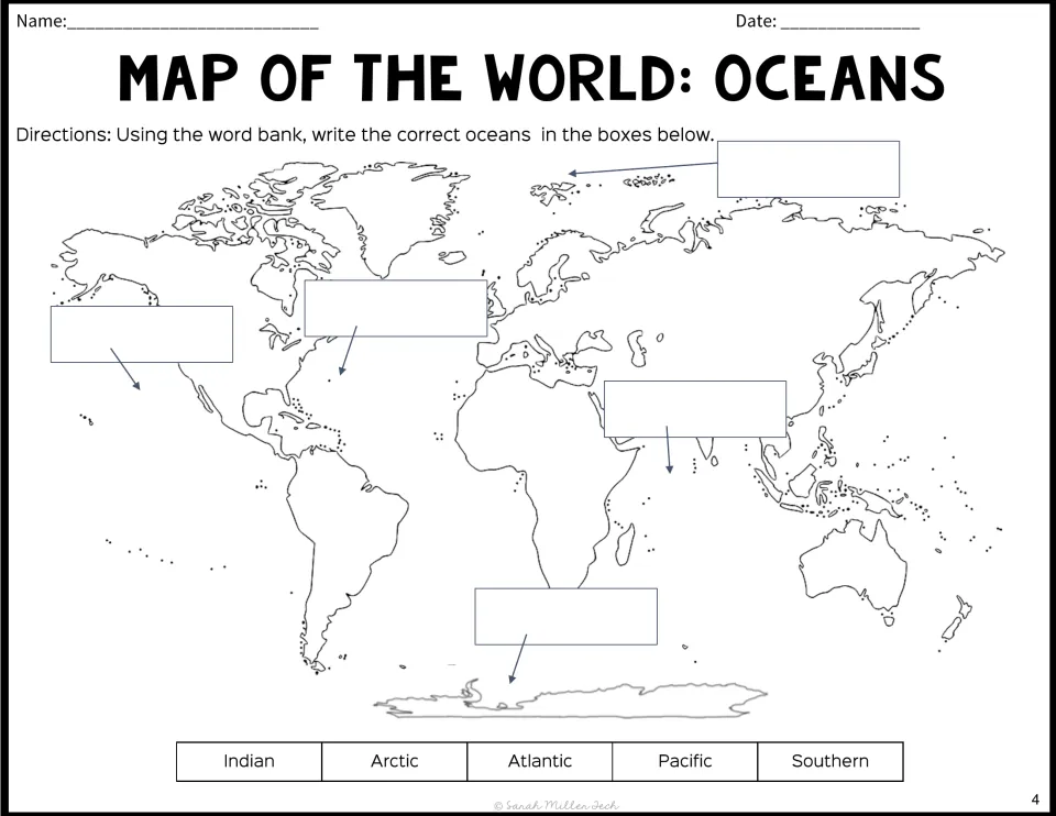 World oceans map labelling: students write Pacific, Atlantic, Indian, Arctic and Southern from a word bank at each arrow
