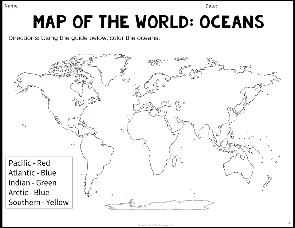 Oceans colouring map: students shade each ocean using a colour guide, from Pacific in red to Southern Ocean in yellow