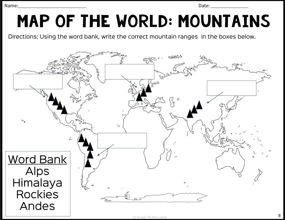 Mountain ranges map labelling: students write Alps, Himalaya, Rockies or Andes from a word bank beside marked peaks