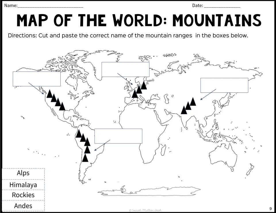 Mountain ranges cut-and-paste map: students glue Alps, Himalaya, Rockies and Andes labels by the triangle symbols