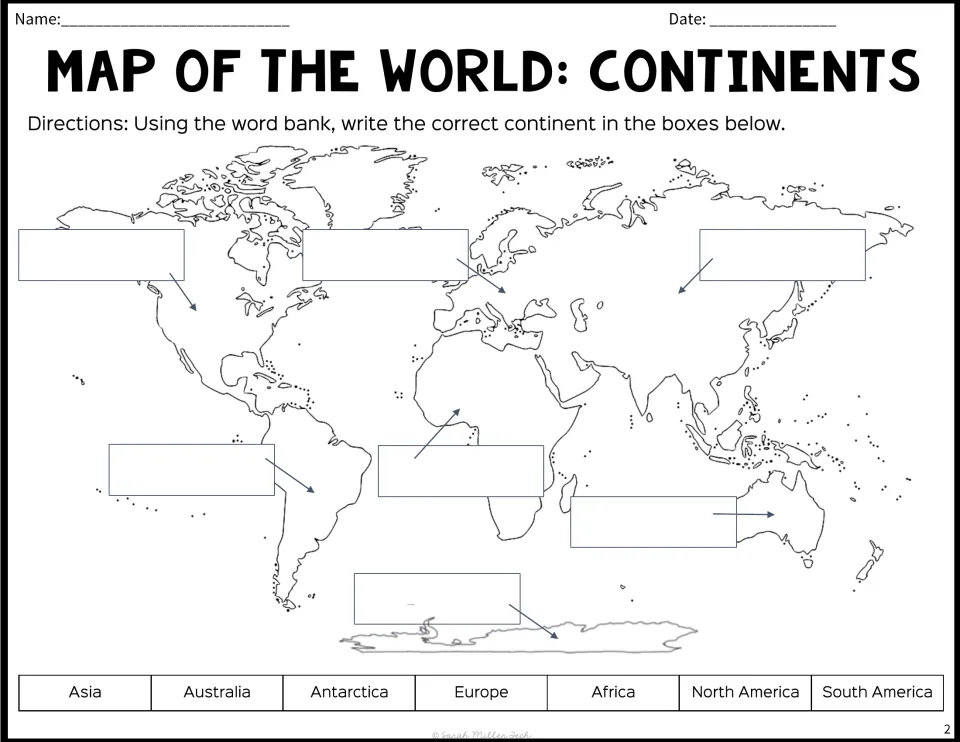 World continents map labelling: students write Asia, Africa, Europe and the other 4 continents from a word bank in 7 boxes
