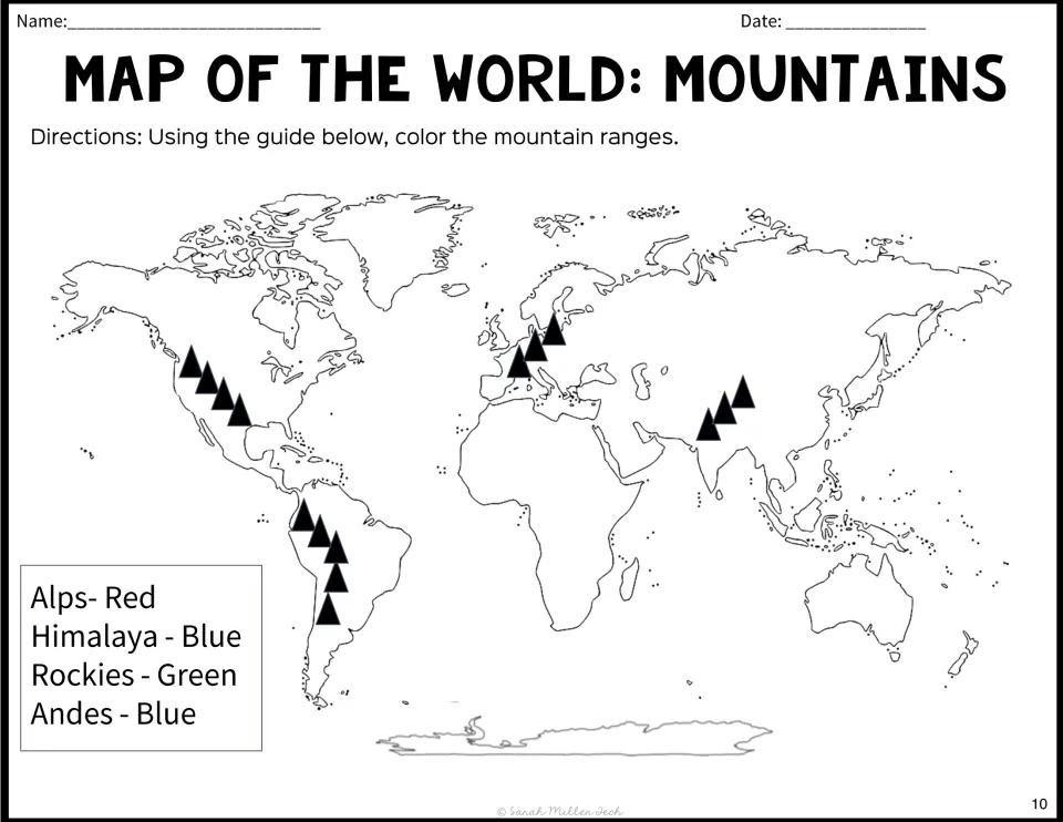 Mountain ranges colouring: students colour the Alps, Himalaya, Rockies and Andes symbols on a world map using a colour key
